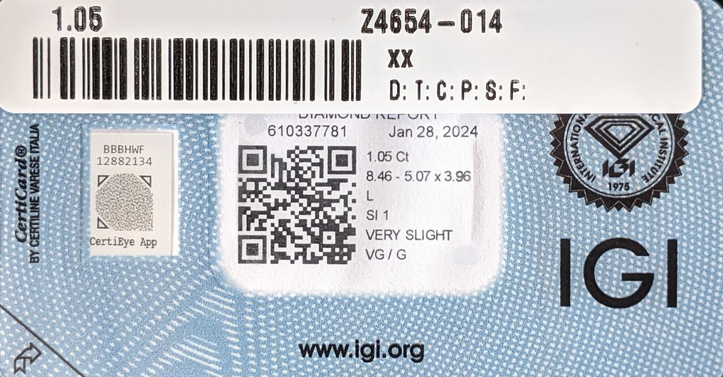 1 pcs 钻石  (天然)  - 1.05 ct - 榄尖形 - L - SI1 微内含一级 - 国际宝石研究院（IGI） #4.3