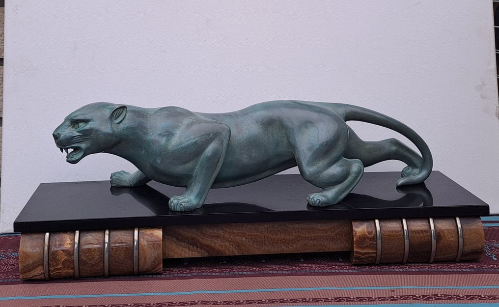 GUY DEBE - Skulptur, pantere a la chasse - 22 cm - Alabaster, Marmor, Rohzink - 1930 #1.1