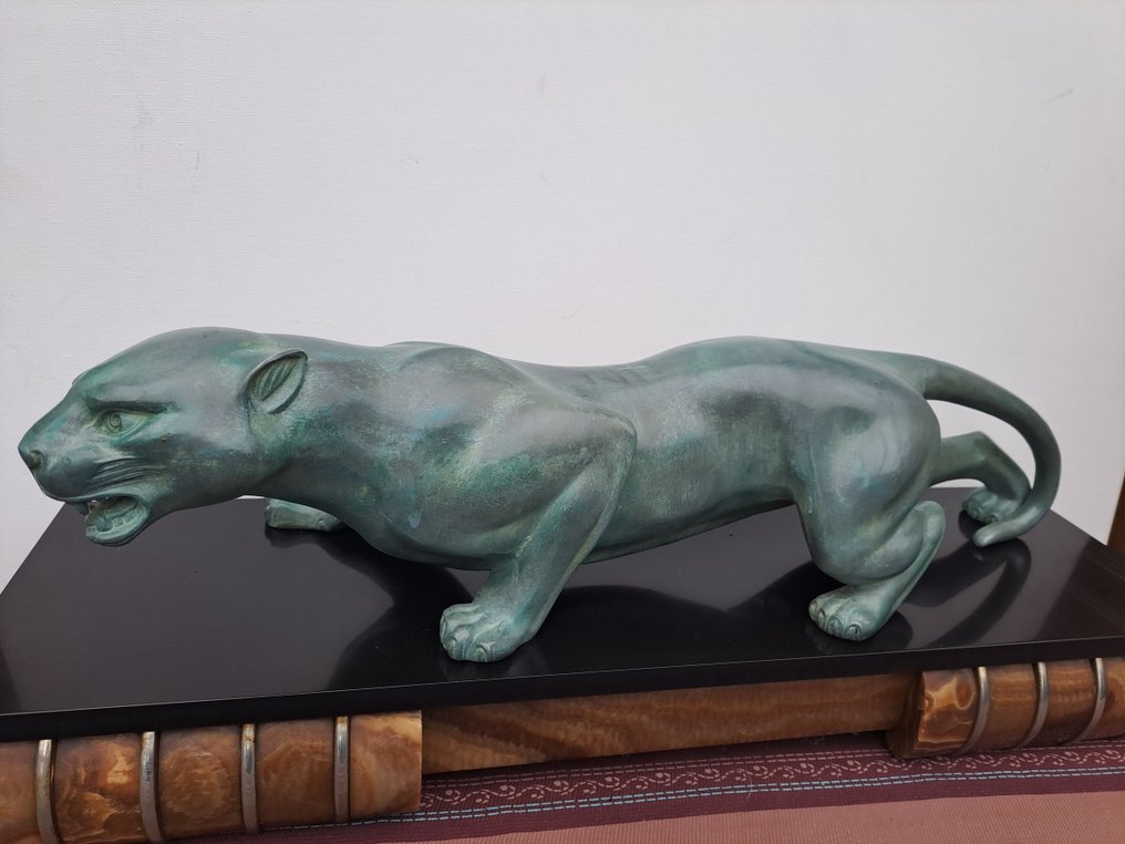 GUY DEBE - 雕刻, pantere a la chasse - 22 cm - 大理石, 粗鋅, 雪花石膏 - 1930 #2.2