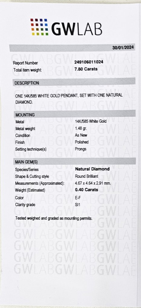 Colar com pingente - 14 K Ouro branco -  0.40ct. tw. Diamante  (Natural) #3.1