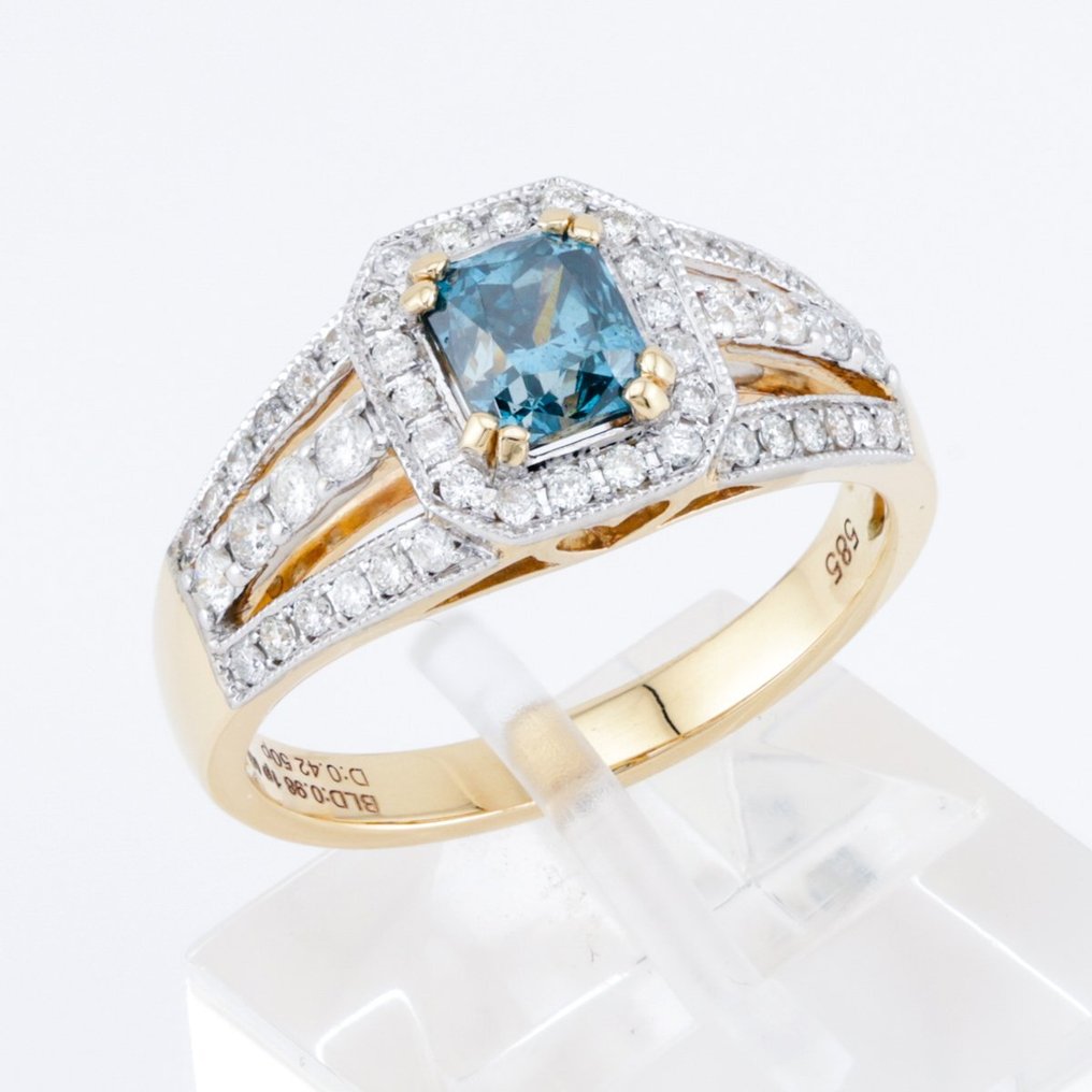 IGI Certified - 0.98 Cts Fancy Greenish Blue - Diamond 0.42 Cts - 14 karat Tofarvet - Ring - Farvebehandlet 0.98 ct Diamant - Diamanter #1.2