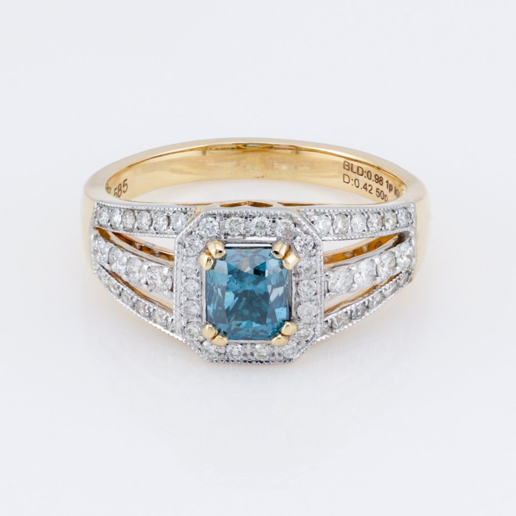 IGI Certified - 0.98 Cts Fancy Greenish Blue - Diamond 0.42 Cts - 14-karatowe Dwukolorowy - Pierścionek - Poddany obróbce barwy 0.98 ct Diament - Diamenty #1.1