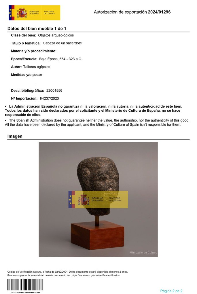 Ancient Egyptian Greenstone Head of a Priest. Late Period, 664-332 BC. 9.5 cm height. Spanish Export License. #3.2