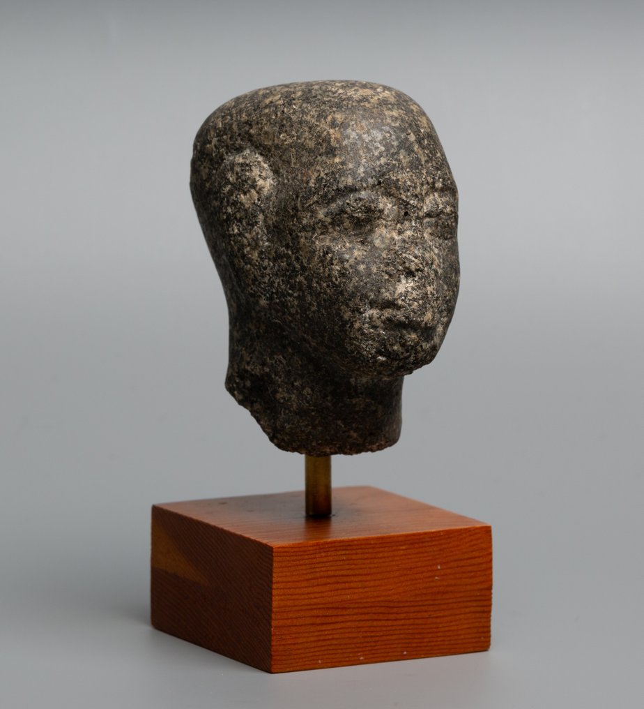 Ancient Egyptian Greenstone Head of a Priest. Late Period, 664-332 BC. 9.5 cm height. Spanish Export License. #1.0