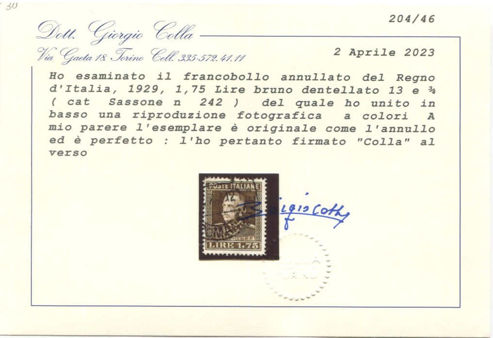 Regatul Italiei 1929 - Vitt Emanuele III 1,75 lire maro dent. 13 3/4 anulat - sassone 242 #2.1