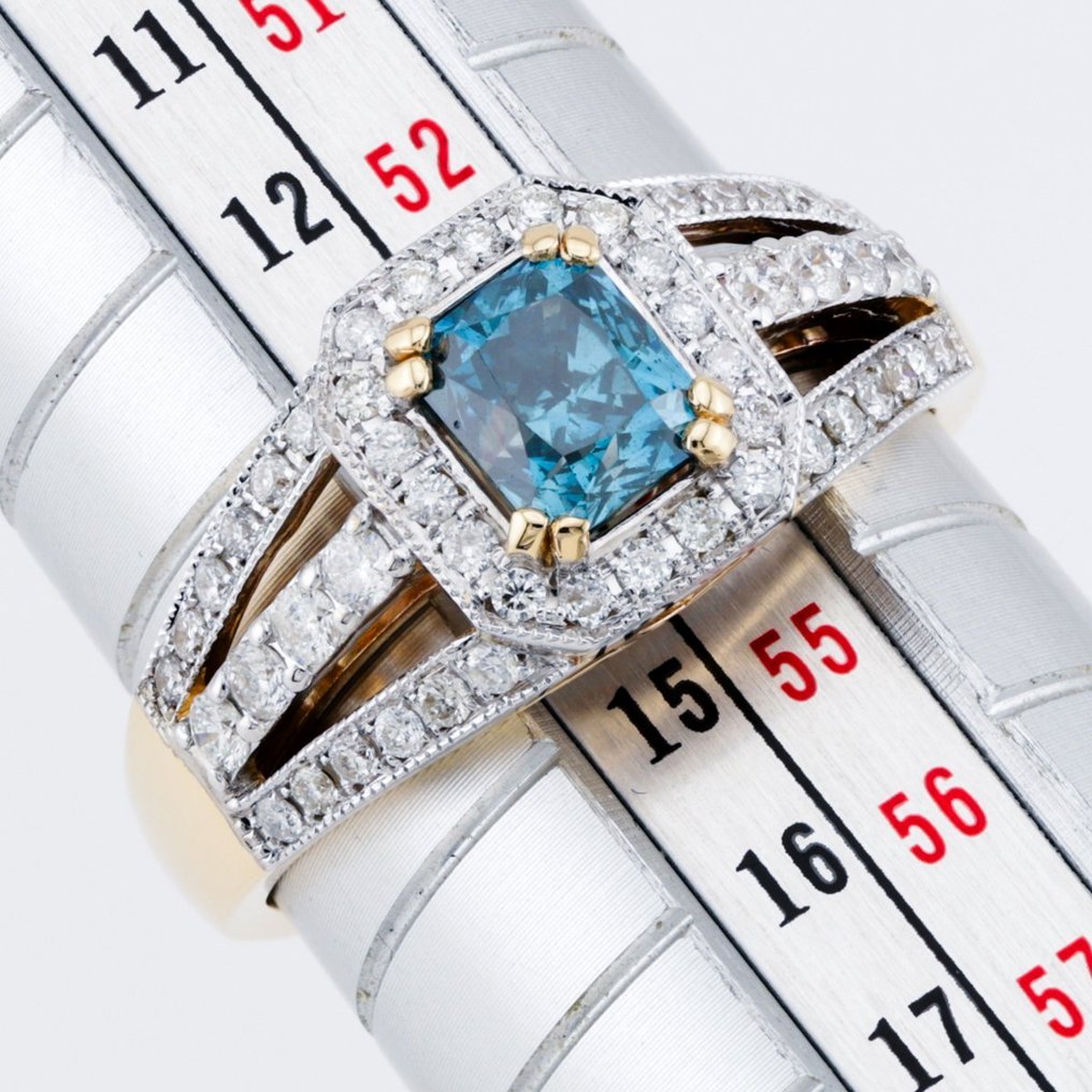 IGI Certified - 0.98 Cts Fancy Greenish Blue - Diamond 0.42 Cts - 14 carats Bicolore - Bague - Traitement de couleur 0.98 ct Diamant - Diamants #2.1