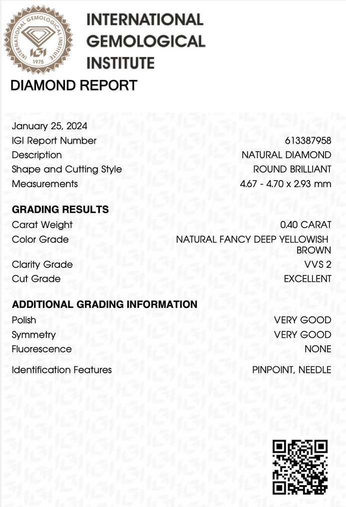 1 pcs Diamant - 0.40 ct - Rund - fancy deep yellowish brown - VVS2 #2.1