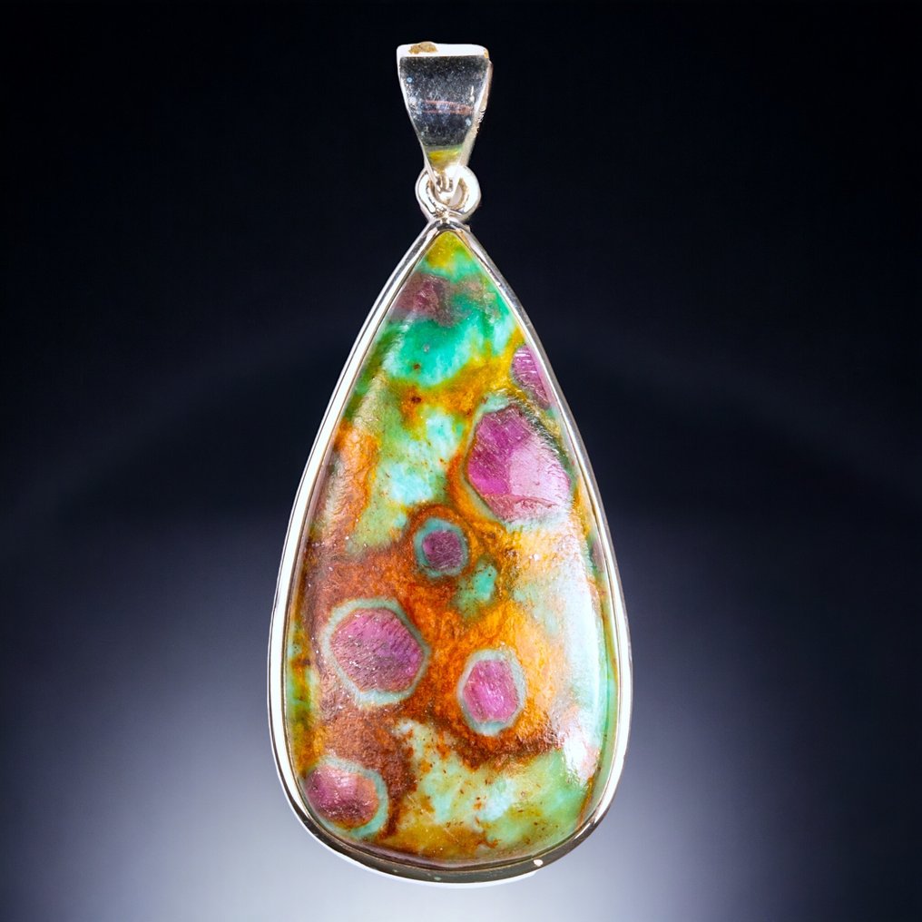Silver Pendant: Ruby In Fuchsite Matrix. Extravagant Silver Pendant. - Height: 52.5 mm - Width: 22.5 mm- 12 g - (1) #1.1