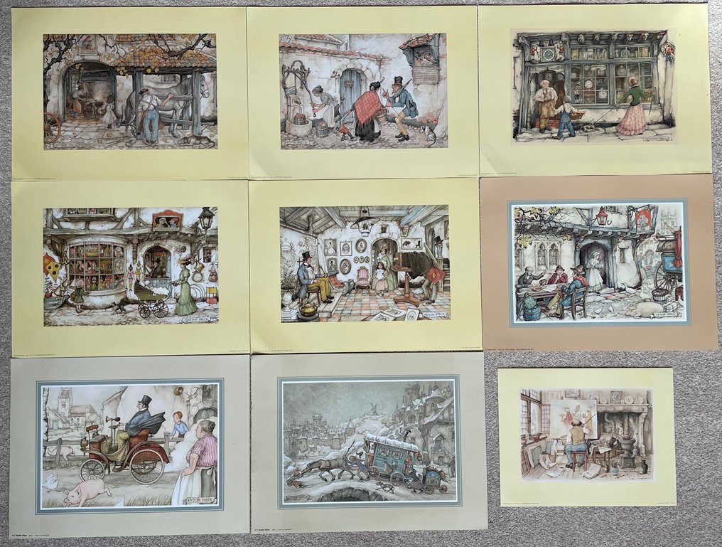 Anton Pieck - 9 prints, incl. Toyshop, Artist, Blacksmith, Queens Clock shop #1.0