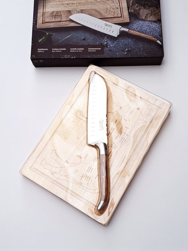 Laguiole - Santoku Knife - with cutting board - Olive Wood - Køkkenkniv - Rustfrit stål - Holland #1.0