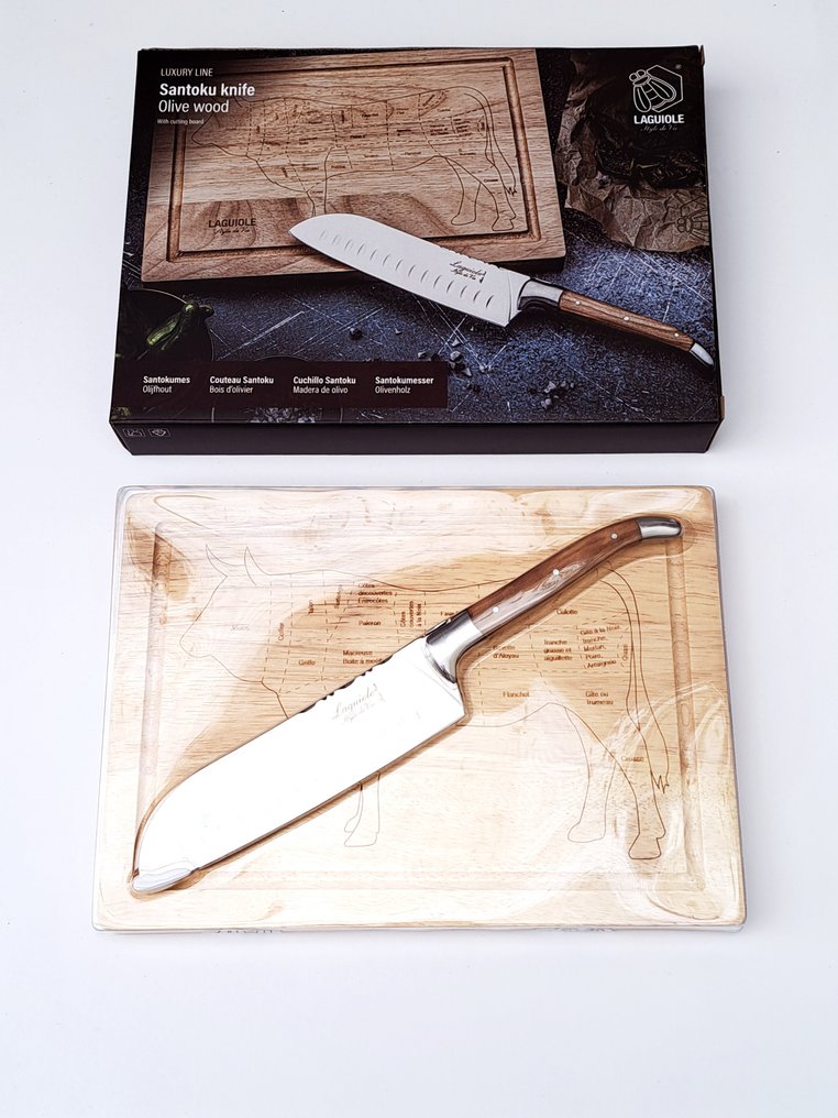 Laguiole - Santoku Knife - with cutting board - Olive Wood - Μαχαίρι κουζίνας - Stainless steel - Ολλανδία #1.0