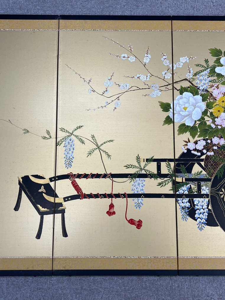 Byōbu-Faltschirm - Gold, Seide, 花車図屏風 Flower Chariot von 栖春, Spüren Sie 4 Jahreszeiten in einem Paravent - Japan #2.1