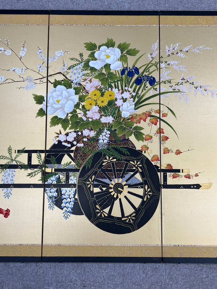 日本折叠屏风 - 漆, 真丝, 金, 栖春的花车図屏风花车，一屏感受四季 - 日本 #2.2