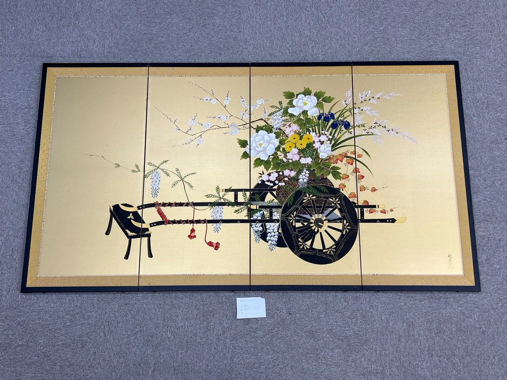 Byōbu-Faltschirm - Gold, Seide, 花車図屏風 Flower Chariot von 栖春, Spüren Sie 4 Jahreszeiten in einem Paravent - Japan #1.1