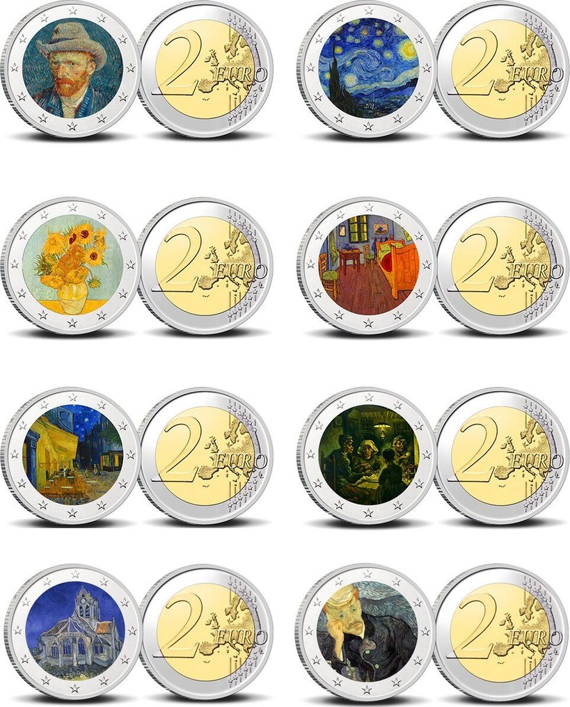 Europa. 2 Euro Various Years "Vincent Van Gogh" serie 1 (8 stuks met kleur) (Zonder Minimumprijs) #1.0