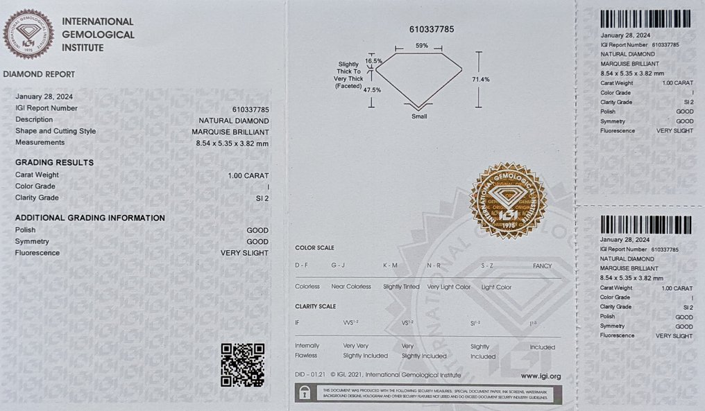 1 pcs 钻石  (天然)  - 1.00 ct - 榄尖形 - I - SI2 微内含二级 - 国际宝石研究院（IGI） #3.2