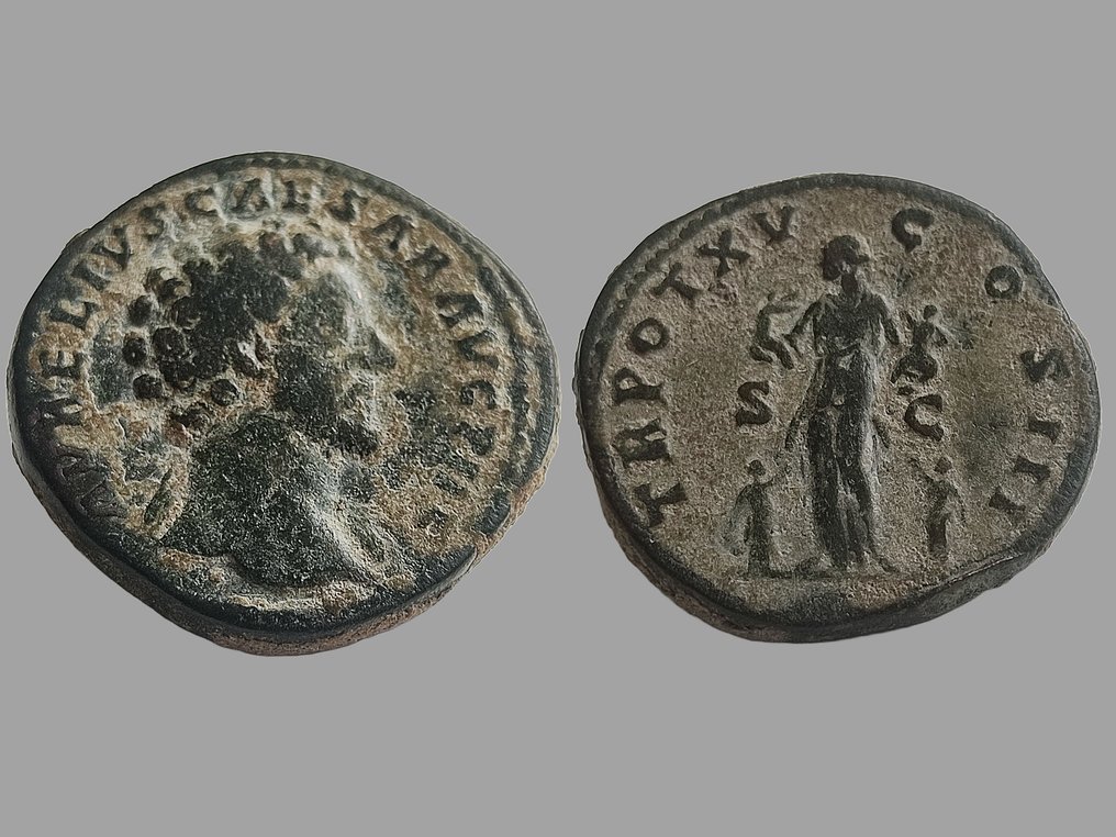 罗马帝国. Marcus Aurelius. As Caesar, AD 139-161. Sestertius Rome, under Antoninus Pius, early AD 161 - Pietas #1.1