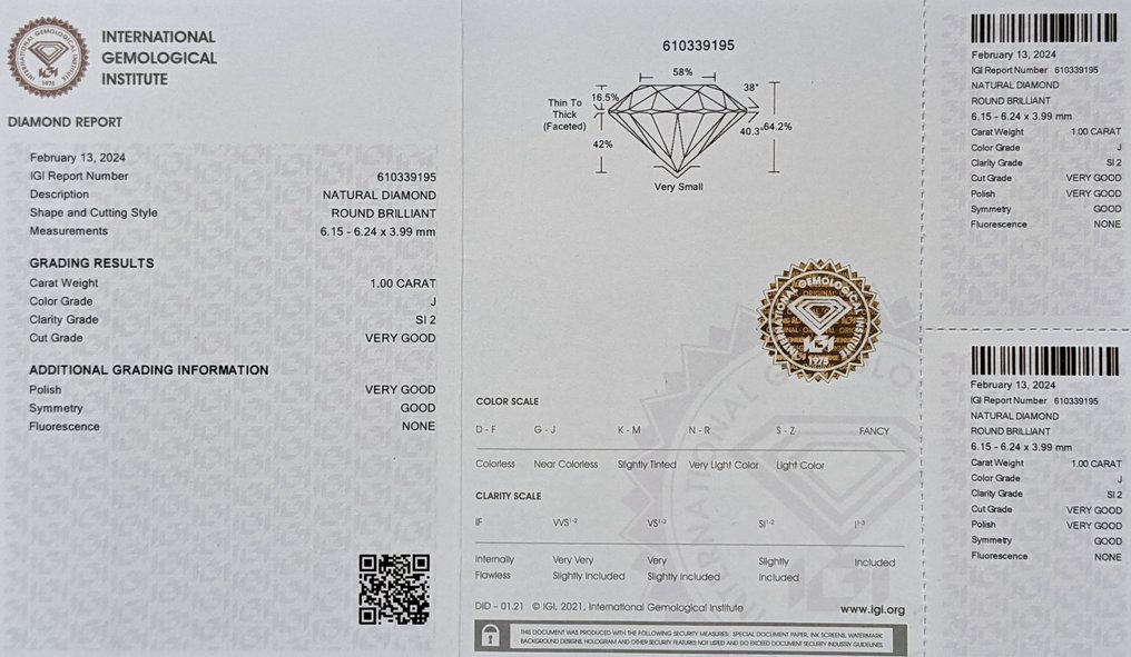 1 pcs 钻石 (天然) - 1.00 ct - 圆形 - J - SI2 微内含二级 - 国际宝石研究院(IGI) #3.2