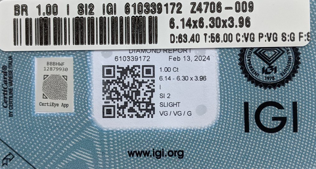 1 pcs 钻石  (天然)  - 1.00 ct - 圆形 - I - SI2 微内含二级 - 国际宝石研究院（IGI） #3.2