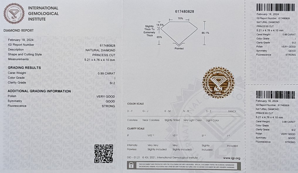 1 pcs 钻石  (天然)  - 0.99 ct - 矩形 - I - SI2 微内含二级 - 国际宝石研究院（IGI） #3.2
