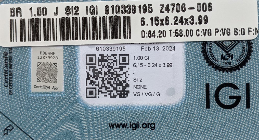 1 pcs 钻石 (天然) - 1.00 ct - 圆形 - J - SI2 微内含二级 - 国际宝石研究院(IGI) #2.1
