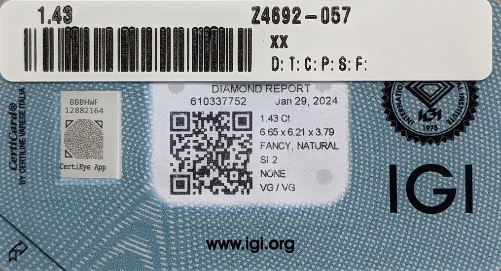 没有保留价 - 1 pcs 钻石  (天然色彩的)  - 1.43 ct - 祖母绿 - Fancy 稍帶綠色的 灰色 - SI2 微内含二级 - 国际宝石研究院（IGI） #4.3