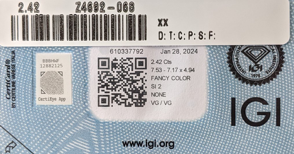 1 pcs 钻石 (天然色彩的) - 2.42 ct - 祖母绿 - Fancy 稍帶黄色的, 稍帶綠色的 灰色 - SI2 微内含二级 - 国际宝石研究院(IGI) #3.2