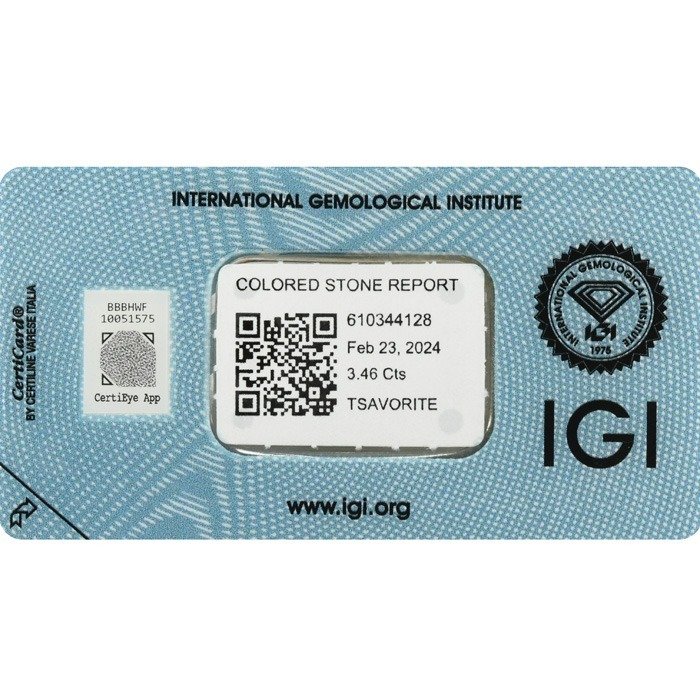 没有保留价 - 1 pcs  绿色 沙弗莱石  - 3.46 ct - 国际宝石研究院（IGI） - 天然的Tsavorite #4.3