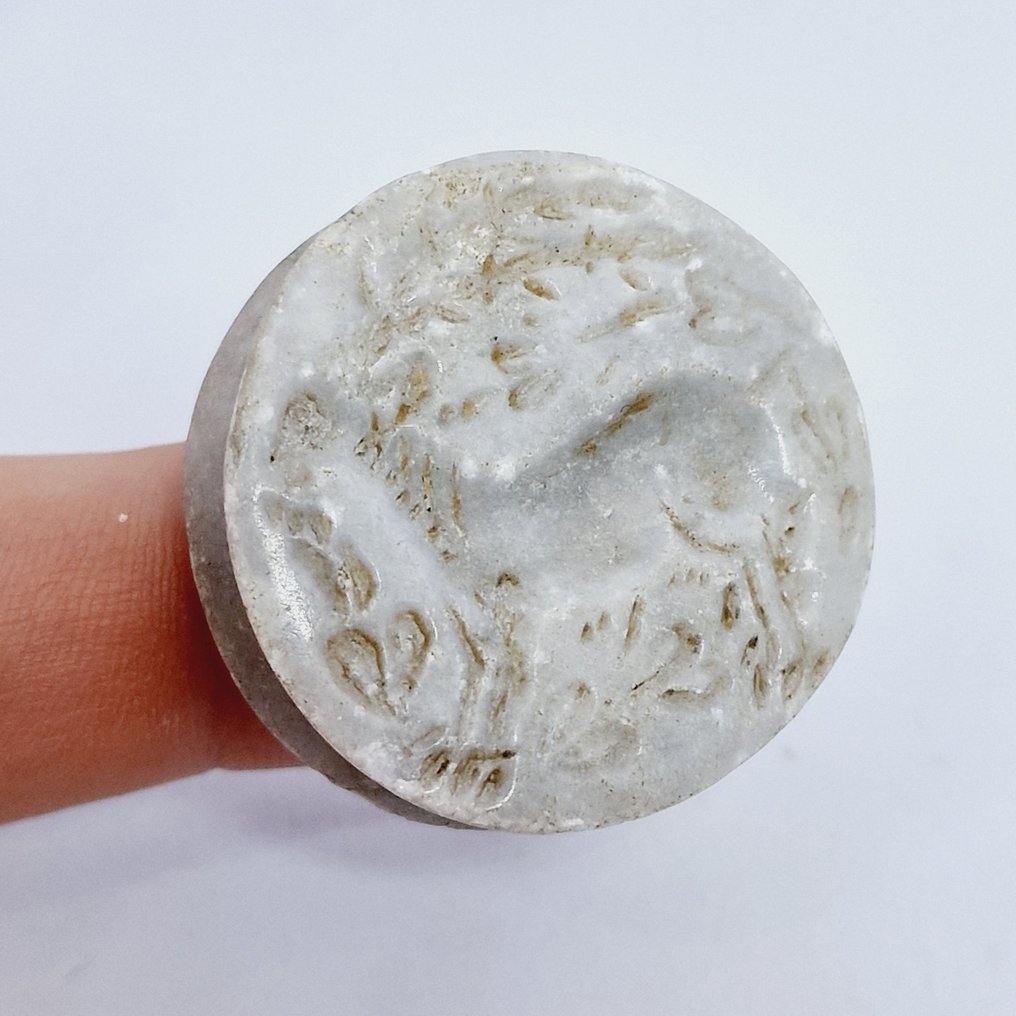 Western Asiatic White Marble Ibex Bead Talisman - 32 mm #1.1