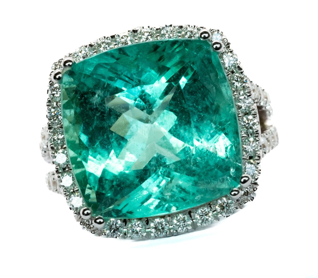 没有保留价 - 戒指 - 18K包金 白金, 粉彩绿色（巴西） -  11.44ct. tw. 祖母绿 - 钻石 - 0.92克拉 VS #1.0