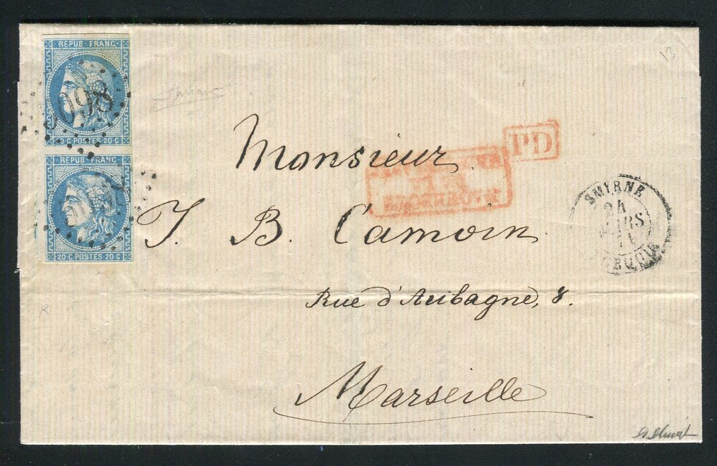 法國 1871 - 稀有信件 de Smyrne pour Marseille (1871) avec deux n° 46B - Cachet GC 5098 #1.1