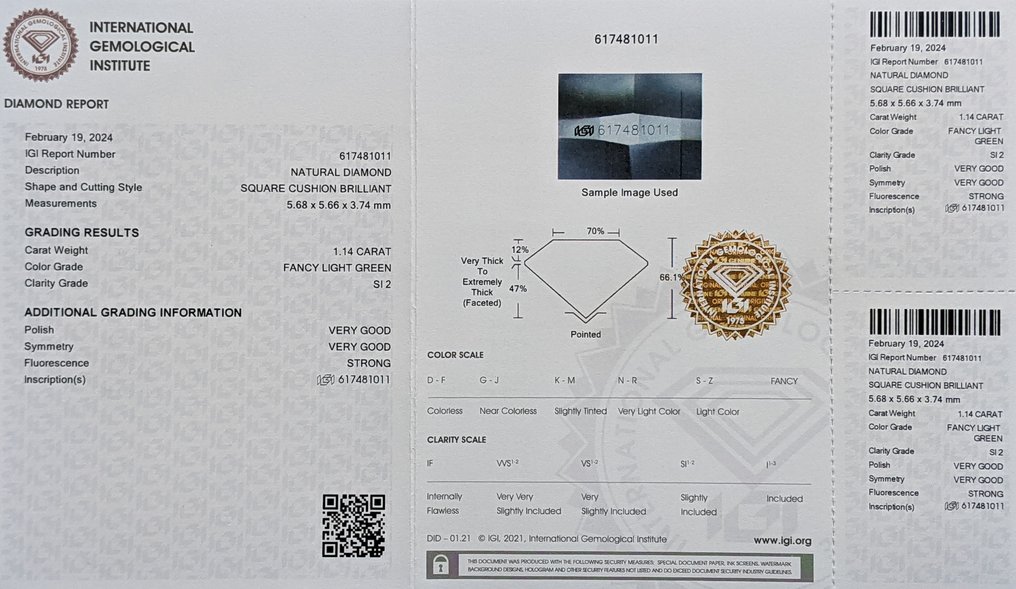 1 pcs 钻石  (天然色彩的)  - 1.14 ct - 枕形 - Light 绿色 - SI2 微内含二级 - 国际宝石研究院（IGI） #1.0
