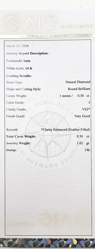 Collier avec pendentif Or blanc, VS2 Diamant  (Pureté améliorée) #3.1