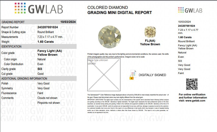 1 pcs 钻石 - 1.60 ct - 圆形 - Fancy light yellow  brown - SI2 微内三含级 #3.2