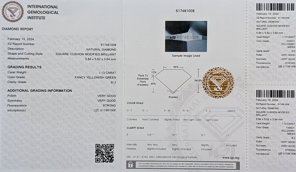 1 pcs 钻石  (天然色彩的)  - 1.13 ct - 枕形 - Fancy 稍帶黄色的 绿色 - SI2 微内含二级 - 国际宝石研究院（IGI） #1.0