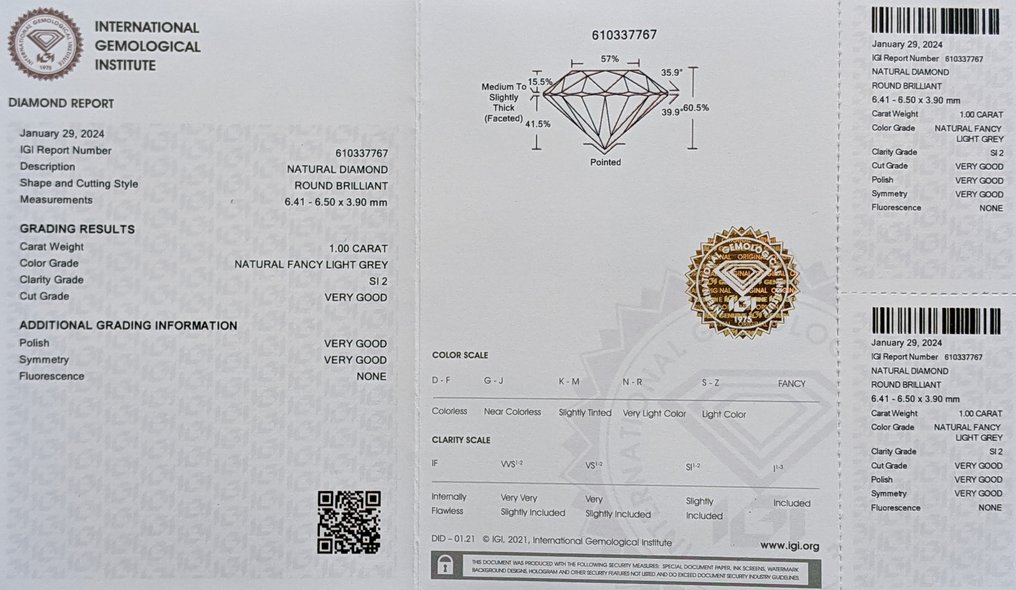 1 pcs 钻石 (天然色彩的) - 1.00 ct - 圆形 - Fancy light 灰色 - SI2 微内含二级 - 国际宝石研究院(IGI) #3.2