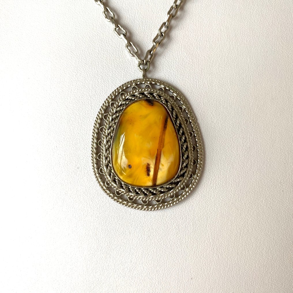 Vintage Ganzstein Bernstein Anhänger & Halskette - Bernstein - Succinite, Baltic #4.3