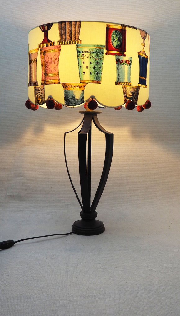 Iron vintage table lamp/shadow Fornasetti "Bicchieri di boemia" fabric. - Lamppu - Tekstiili #1.2
