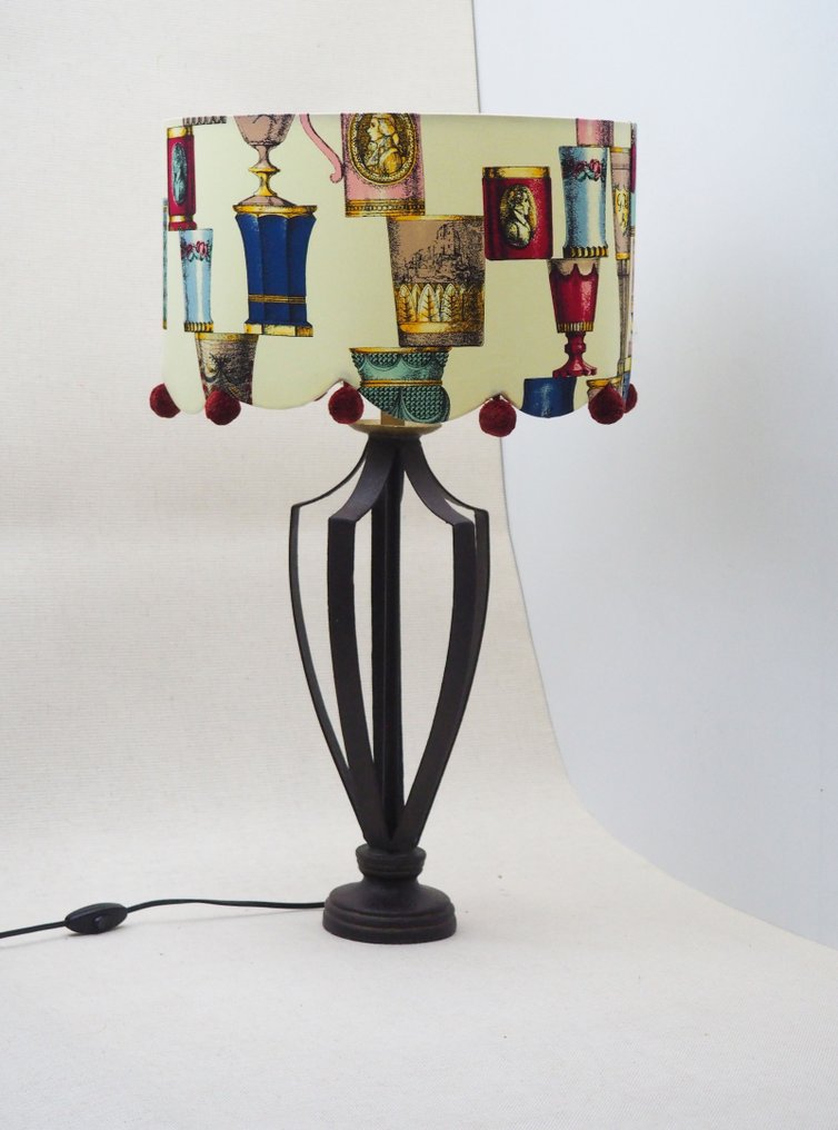 Iron vintage table lamp/shadow Fornasetti "Bicchieri di boemia" fabric. - Lamp - Textiles #2.1