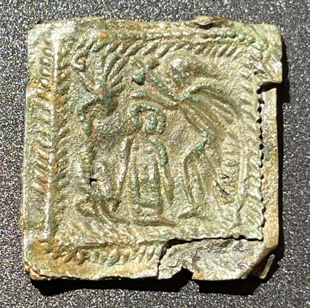 Byzantinsk Bronse Ekstremt sjeldent ikon med bilde St. Sisinnios som den hellige rytteren som dreper en Gello og dåpen #2.1