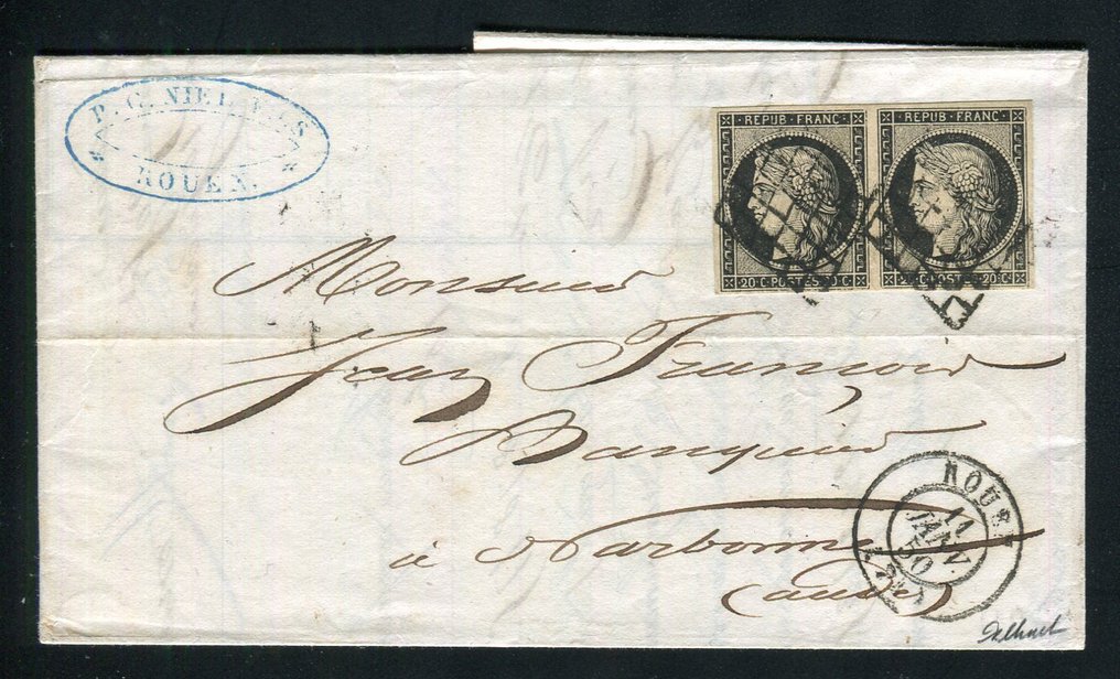França 1850 - Superbe & Rare lettre en double port de Rouen pour Narbonne com um par de n° 3 #1.1