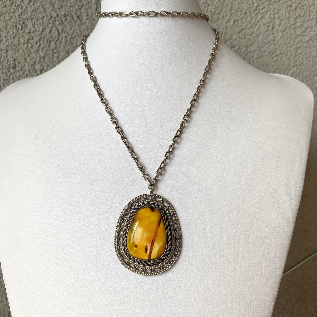 Vintage Ganzstein Bernstein Anhänger & Halskette - Bernstein - Succinite, Baltic #3.2