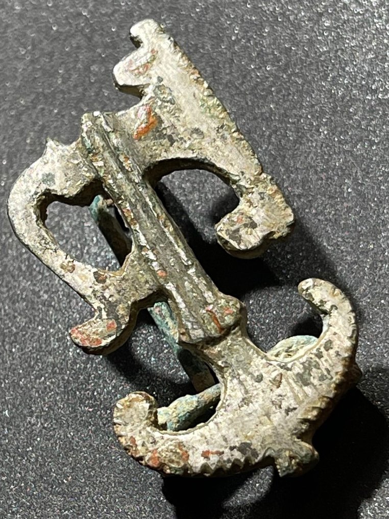 Ancient Roman Bronze Intact and Rare Type of Brooch with important Naval Symbols- Prow and Anchor. With an Austrian #1.1