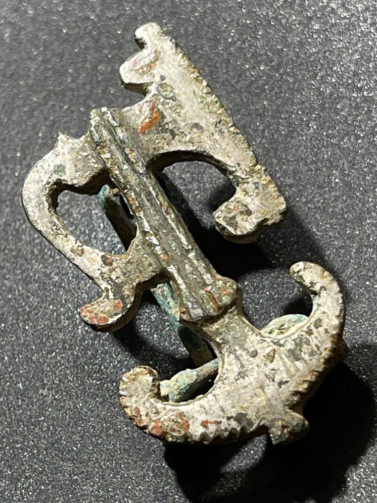 Ancient Roman Bronze Intact and Rare Type of Brooch with important Naval Symbols- Prow and Anchor. With an Austrian #1.2