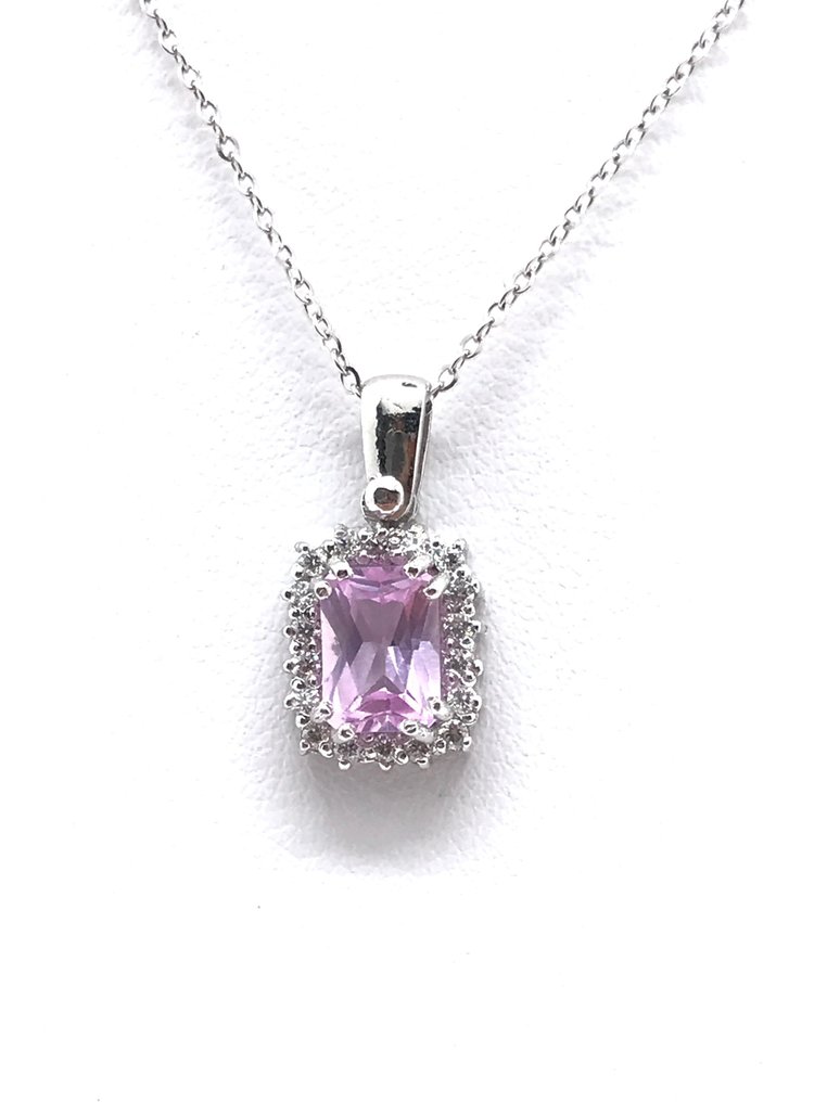 Necklace - 18 kt. White gold -  1.30ct. tw. Kunzite - Diamond #1.1