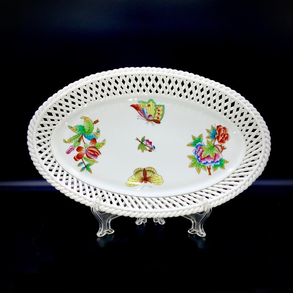 Herend - Exquisite Large Oval Reticulated Basket (26,5 cm) - "Queen Victoria" Pattern - Kori - Käsinmaalattua posliinia #1.2