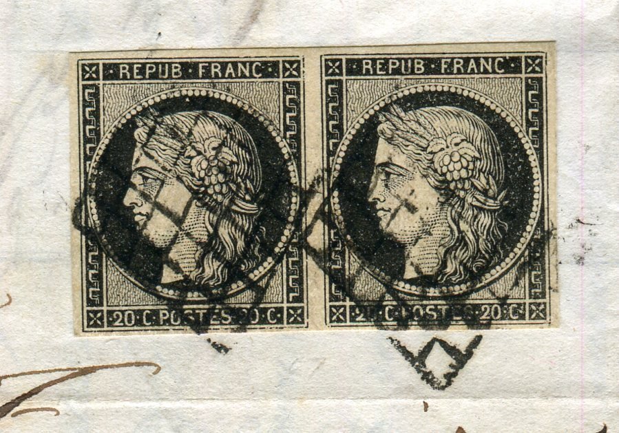 França 1850 - Superbe & Rare lettre en double port de Rouen pour Narbonne com um par de n° 3 #2.1