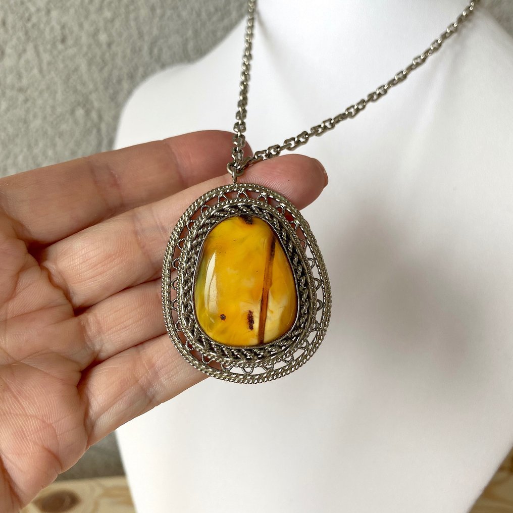 Vintage Ganzstein Bernstein Anhänger & Halskette - Bernstein - Succinite, Baltic #2.1