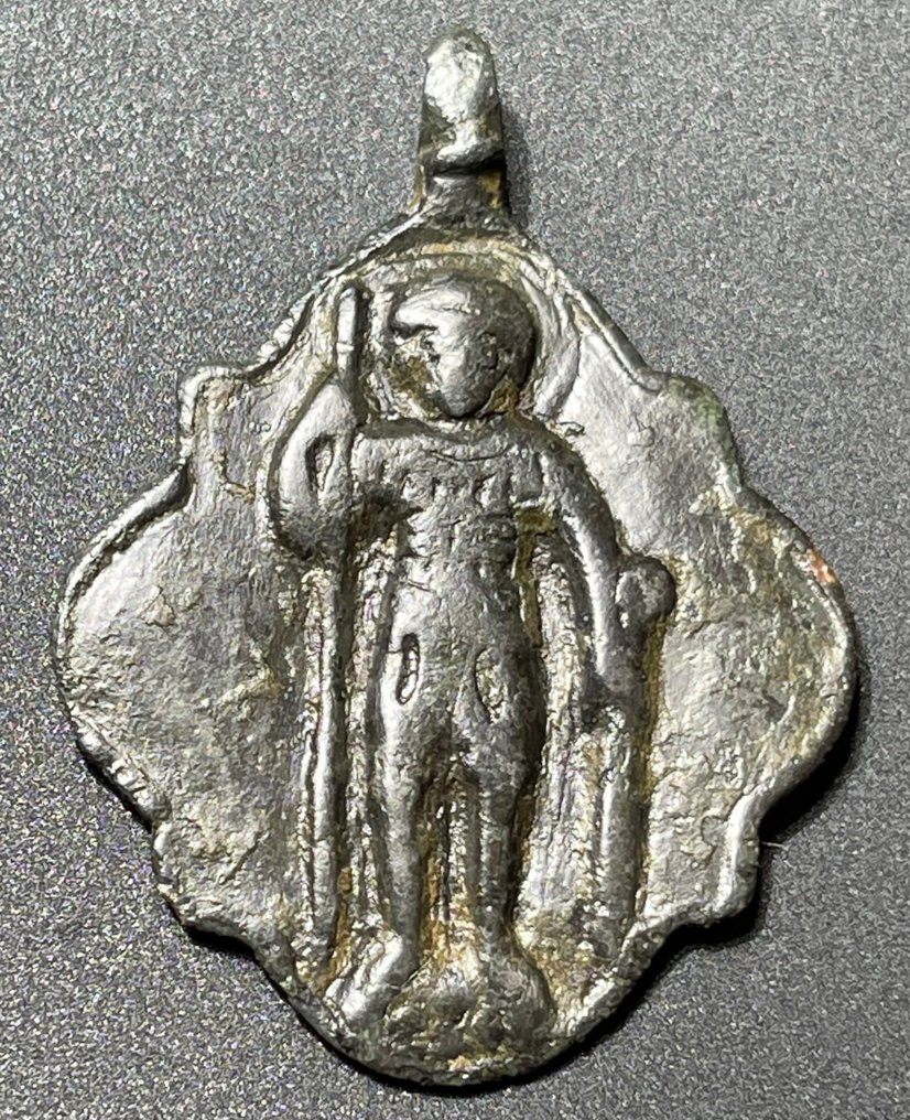 Byzantine Bronze Pendant-Icon with an image of Military Saint Theodore in military attire, Nimbate, holding Spear and #2.1