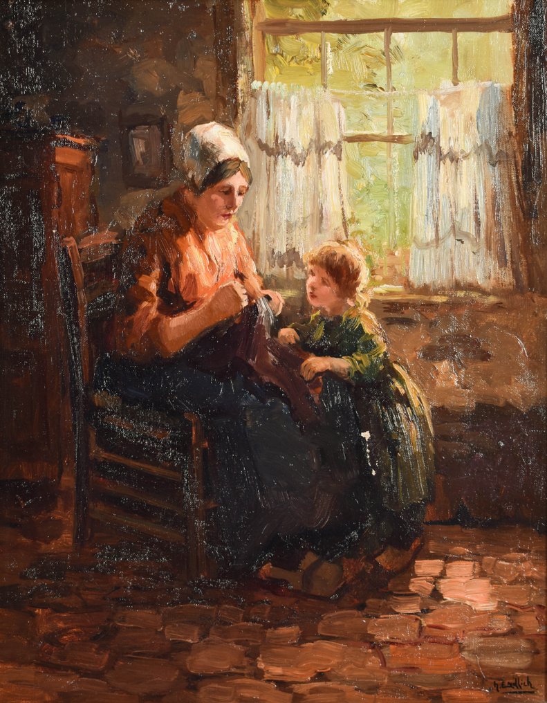 H. Endlich  (XX) - Mother and daughter knitting in interior #1.1